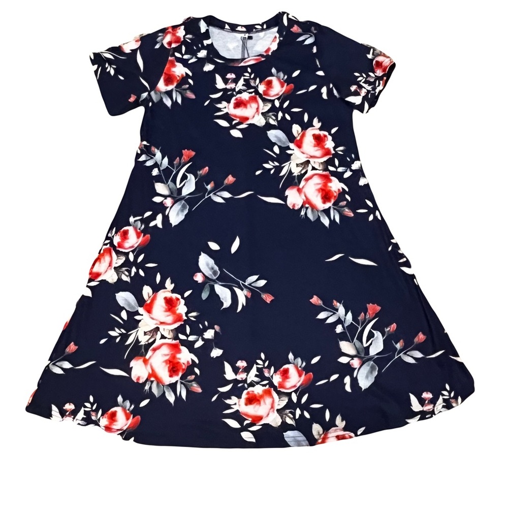 Navy Dress with Pink and White Flowers